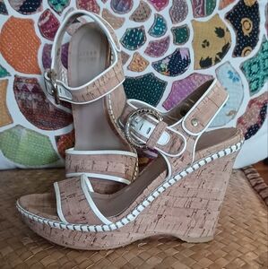 Stuart Weitzman cork and patent buckled ankle strap wedge sandals 4.5 RARE